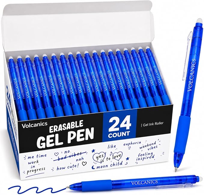 Volcanics Blue Erasable Gel Pens, 0.7mm Retractable, 24 Pack