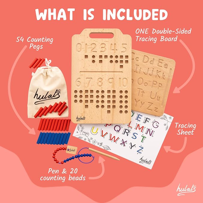 Hulats Montessori Counting Peg Board - Number & Letter Tracing Board - Wooden Montessori Alphabet & Counting Toys Toddlers 3+ Years Old - Alphabet Learning + Education Home Schooling Materials Pre-K