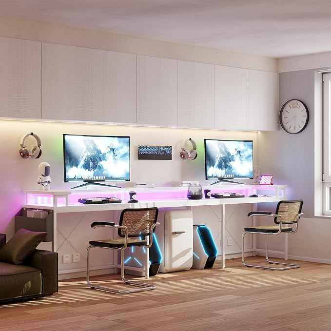 Reversible u Shaped to l Shaped Computer Desk with RGB Lighting & Charging Station, 79 Inch Home Office Workstation with Full Monitor Stand, Heavy Duty Gaming Desk Supporting 600LBS, Multiple Color Op