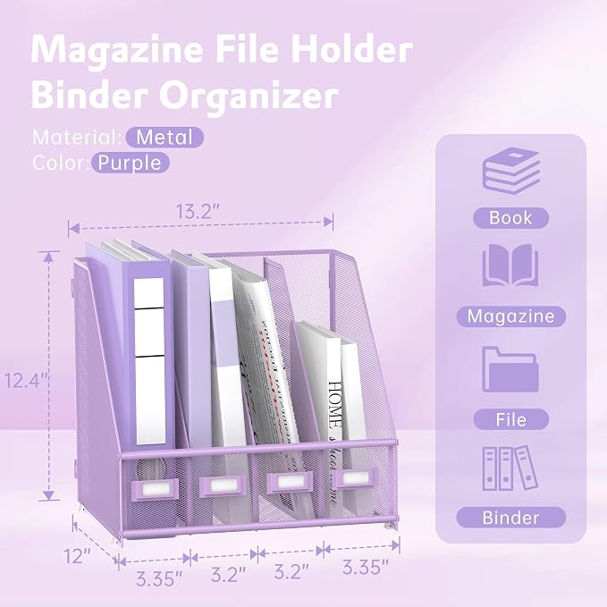 4-Compartment Magazine File Holder and File Organizer for Desk, Purple | Metal Magazine Holder and Magazine File Holder, 4-Compartment File Organizer for Binders Folders Magazines and Paper