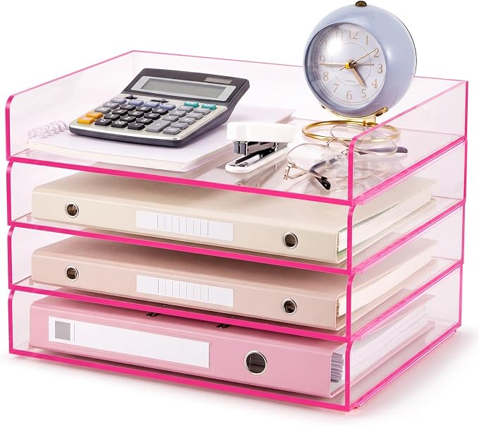 Harloon 4 Tier Clear Hot Pink Acrylic Paper Organizer Letter Tray, Aesthetic Stackable Low Profile Desk File Organizer Modern Heavy Duty Paper Holder Tray for A4, Office Home File Pad Books Notes
