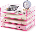 Harloon 4 Tier Clear Hot Pink Acrylic Paper Organizer Letter Tray, Aesthetic Stackable Low Profile Desk File Organizer Modern Heavy Duty Paper Holder Tray for A4, Office Home File Pad Books Notes