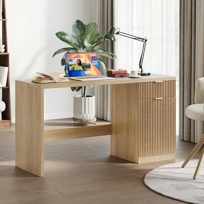 IDEALHOUSE Fluted Executive Desk with Drawers, 60" Modern Home Office Desk | with Storage Cabinet, Wood Fluted Computer Desks Workstation for Working, Studying, Writing, Natural Oak