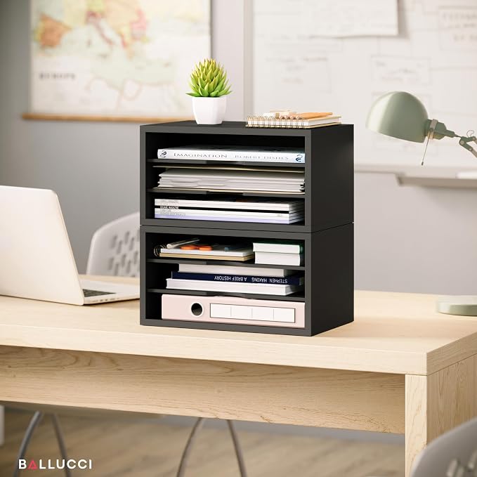 Ballucci File Organizer, 3-Tier Document Paper Sorter, Stackable Wood Desk Organizer, Mail Sorter and Monitor Stand with Storage Shelves, Black