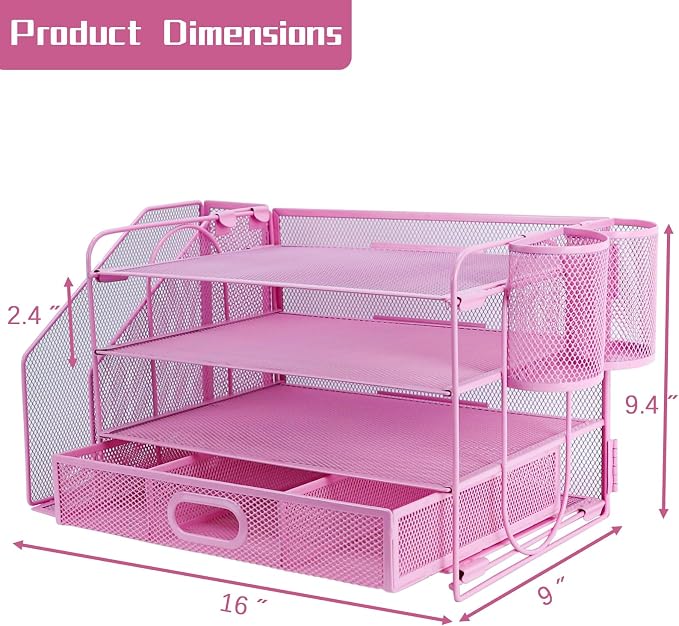 Desk Organizers and Accessories with File Holder, 4-Tier Paper Letter Tray Organiser with Drawer and 2 Pen Holder, Mesh Desktop Document Organizer for Office Supplies, Workspace - Pink