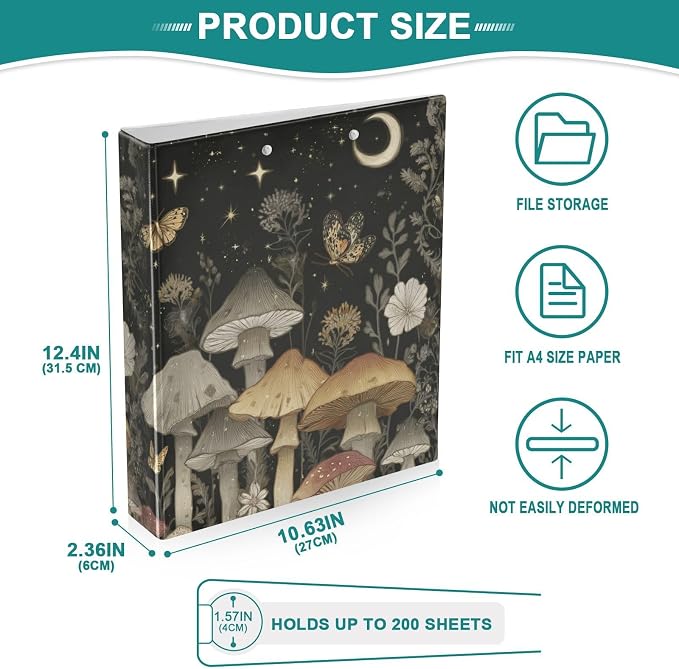 Mystical Mushrooms and Butterflies Binder 3 Ring 1.5 Inch Binder with Clipboard&Pockets, Hardcover Binders Heavy Duty Large File Folder for Office School Supplies - Holds 200 Sheets