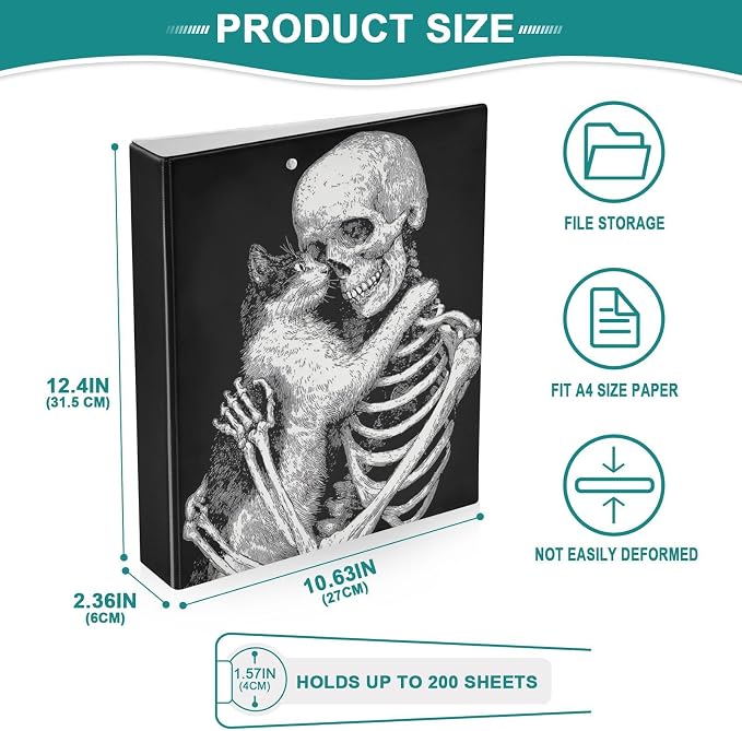 Black Gothic Skeleton and Cat Binder 3 Ring 1.5 Inch Binder with Clipboard&Pockets, Hardcover Binders Heavy Duty Large File Folder for Office School Supplies - Holds 200 Sheets, 2 PC