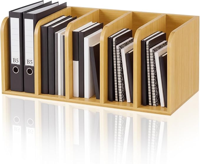 Novabright 5-Slot Bamboo Wooden Magazine File Holder Desk Organizer, 5 Vertical Compartments Workspace Sorters for Magazines, Binders, Notebooks, Envelopes