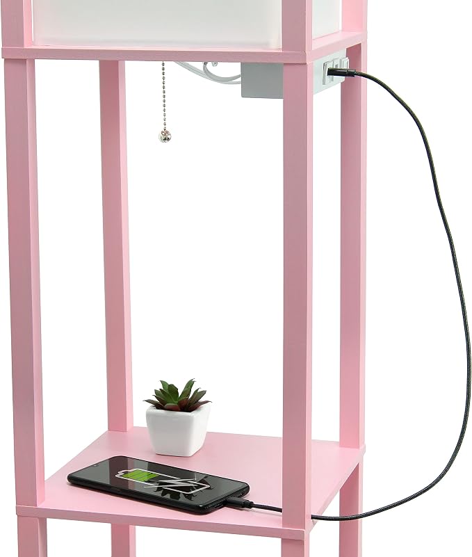 Simple Designs LF1037-LPK-LB Three Shelf Etagere Organizer Storage Floor Lamp with 2 Dual USB Ports and Charging Outlet, Light Pink, with Feit LED Bulb Included