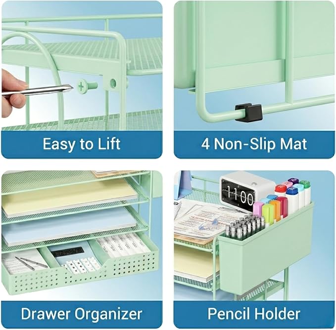 ECOLOVI Desk Organizer, 4-Tier Paper Organizer Letter Tray with File Holder, Drawer and 2 Pen Holders, Desktop File Organizer for Office Supplies, Workspace Storage, Green