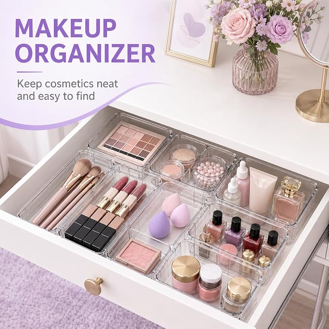 Clear Expandable Drawer Organizer Set, 16PCS Adjustable Drawer Organizers for Makeup, Cosmetics, Jewelry, Skincare, Bathroom, Kitchen & Dresser Storage, Transparent PET Drawer Storage Bins, 2 Sizes