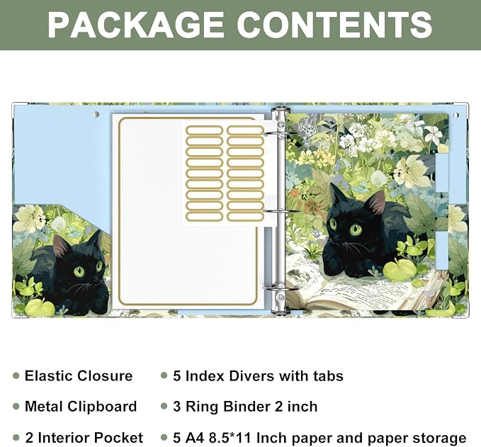 Rouidr 3 Ring Binder, 2 Inch Round Ring Binder Organizer with Clipboard, 5 Dividers Tabs, A4 8.5 x 11 Inch Paper & Clear Sleeves for School, Office Supplies
