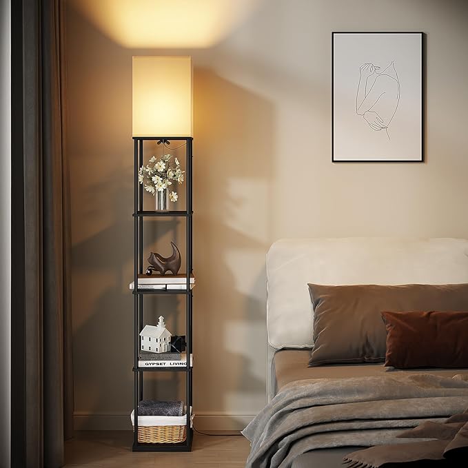 SUNMORY 5 Tier Floor Lamp with Shelves, Modern Square Standing Lamp with 3 Color Temperature Bulb, Corner Display Bookshelf Lamp for Living Room and Bedroom, Tall Shelf Floor Lamp | 3 CCT LED Bulb Include, 70" Tall Corner Shelf Lamp, Display Bookshelf,...