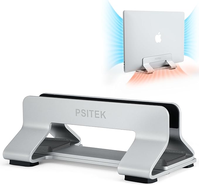 Aluminum Vertical Laptop Stand Dock Holder, Adjustable Slot Width 12-42mm, Space-Saving Upright Storage for MacBook and Laptops