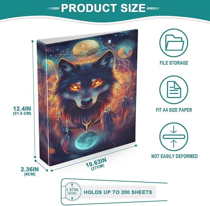 ALAZA 3 Ring Binder Dreamcatcher Wolf Clipboard Round Ring Binder Holds 1.5 Inch Three Binders Heavy Duty Binders for Office Supplies, 1Pack