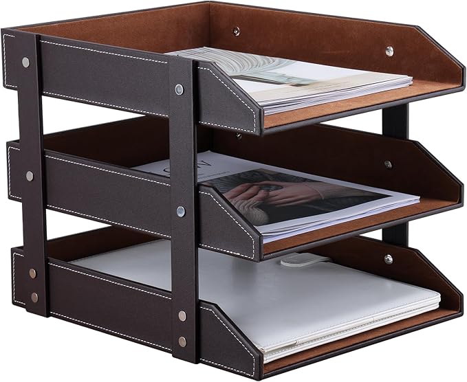 Letter Tray, Leather Paper Organizer Tray, Wooden Desk File Holder, Desktop File, Stackable Magazine Holder, Mail Sorter, Great for Home or Office - 3 Level Brown