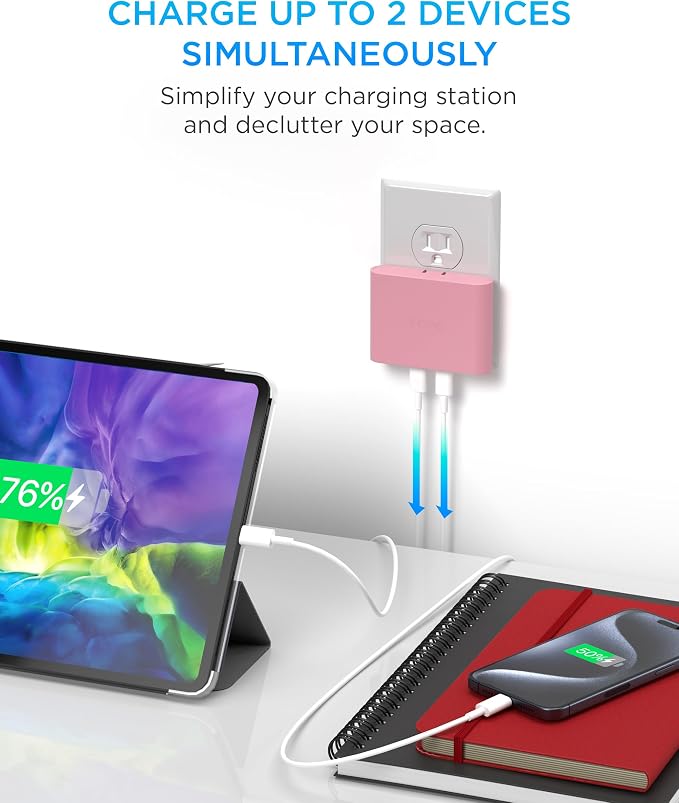 iHome Multiport 40W USB-C Charger, AC Pro 2-Port Flat Block, Dual Fast Charging Wall Adapter | Foldable Prongs, Fast Charging, 2.5x Faster, Charges iPhone, Android, iPad, AirPods, 2 USB-C Ports, Multiport Plug for Home