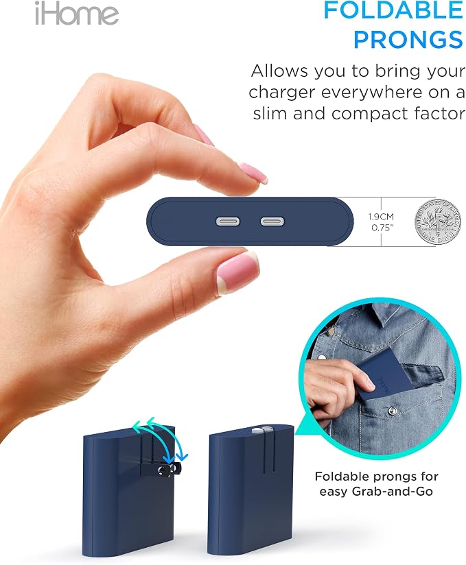 iHome Multiport 40W USB-C Charger, AC Pro 2-Port Flat Block, Dual Fast Charging Wall Adapter | Foldable Prongs, Fast Charging, 2.5x Faster, Charges iPhone, Android, iPad, AirPods, 2 USB-C Ports, Multiport Plug for Home