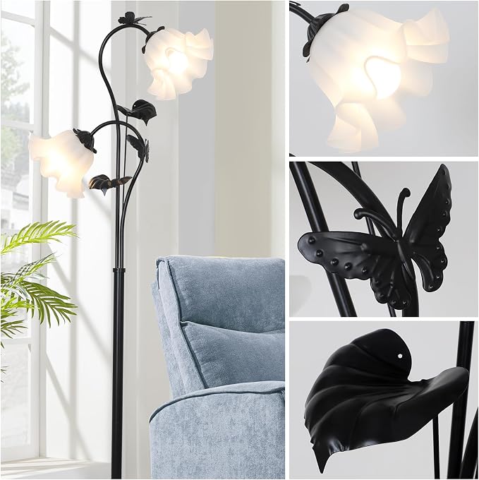 HMVPL Black Floor Lamp for Living Room, Flower Standing Lamp with 2 LED 5W Blubs, Foot Switch, Floral Tall Lamp with Acrylic Shade, Antique Lotus Flower Floor Lamp for Living Room Office Reading
