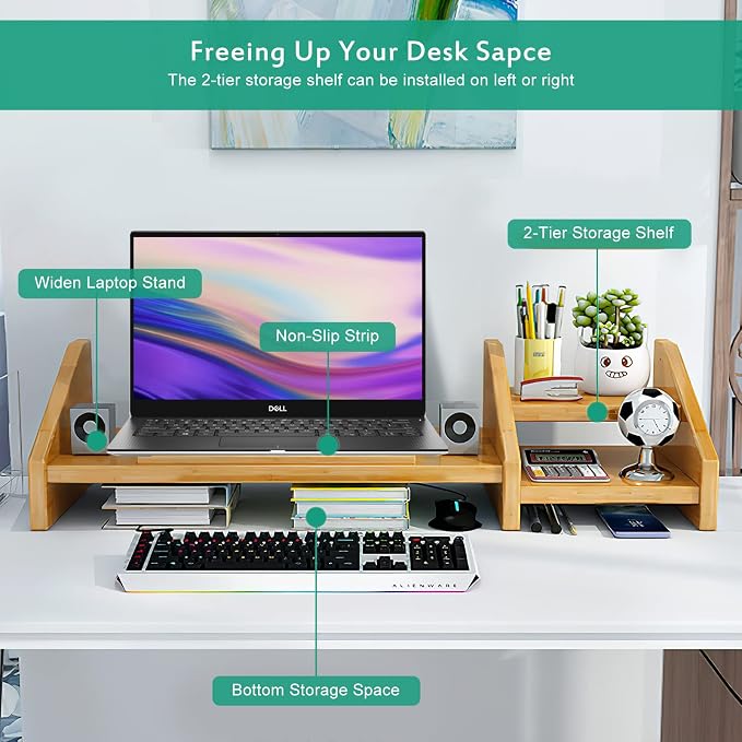 Ufine Bamboo Laptop Stand for Desk with Storage Computer Monitor Riser | 3 Heights Adjustable, Notebook Printer Stand Desktop Organizer for Home Office
