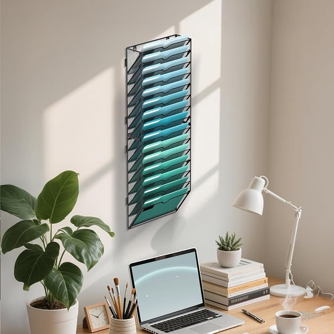 15-Tier Wall File Organizer, Hanging File Holder, Wall Mounted Mail Sorter | Metal Mesh Hanging File Organizer with Open Compartments and Label Panels for Papers and Folders at Home, Office or School