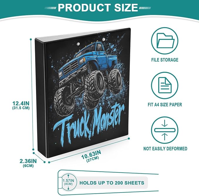 Monster Truck Round Ring Binders 1.5 Inch Race Car 3 Ring Clipboard Binder for Office School Work Supplies File Folder 200 Sheet Capacity Easy Open 2 Pieces