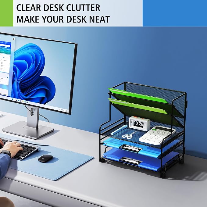 MINDEPOT 4-Tier Paper Organizer + 3-Pocket File Holder, Desktop File Organizers Paper Tray for Office School Classroom Workspace Organization (Black Desk Organizer, No Drawer & No Pen Holder)