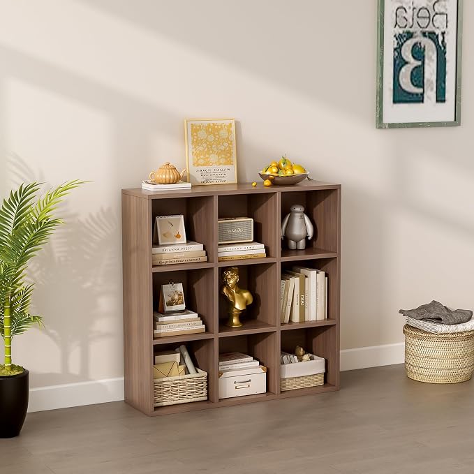 9-Cube Storage Shelf Bookcase, Walnut | Wooden 3-Tier Open Bookshelf, Fits 11×11" Bins, Vertical or Horizontal Use, Full Back Panels, For Home Office