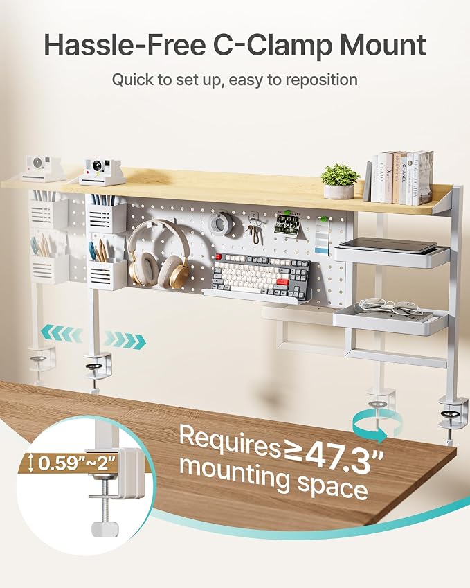 Clamp on Desk Shelf, 44" Desktop Shelving System, White | with Pegboard and Accessories, Desktop Organizer with 2-Tier Shelf, Desk Pegboard for Gaming Office
