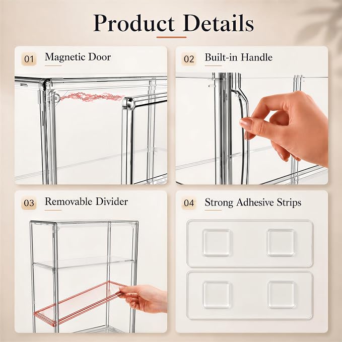 Attelite Acrylic Display Cases for Collectibles 2 Pack Wall-Mounted Desktop | Clear Showcase for Figures, 2 Adjustable Dividers, 3 Layer Acrylic Box, Tool-free Assembly, Magnetic Door, Stackable