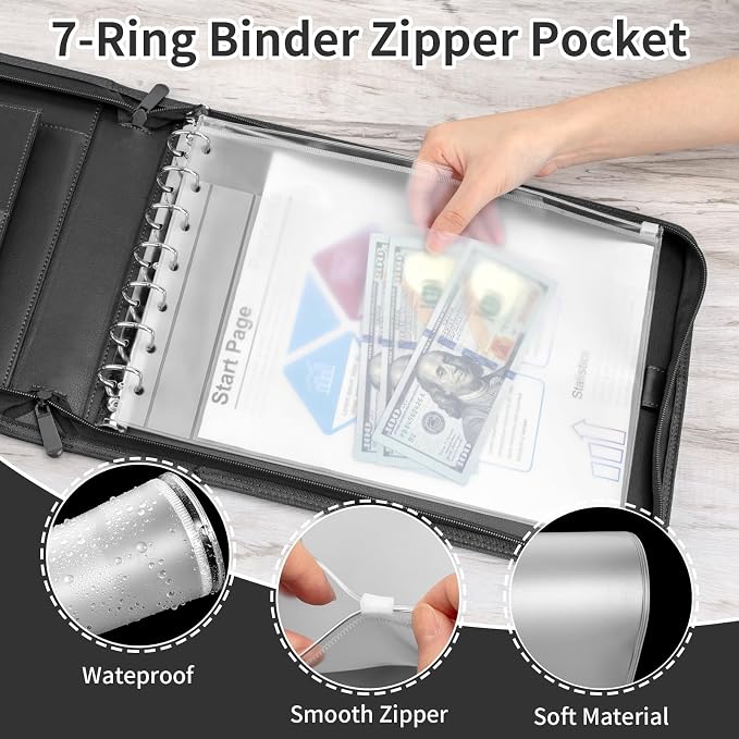 Smarpau Business Checkbook Binder with Zipper Pouch, 7 Ring PU Leather Binder Holds 600 Checks Capacity 9 x 13 Inch Sheet, Portfolio for Executive Office Supplies, Black