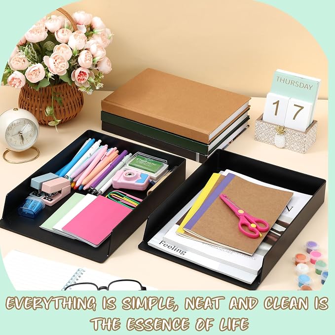 2 Pcs Stackable Paper Trays Rectangular Plastic Desk Holder Desktop Document File Organizer Storage Letter for Office Classroom (Black)