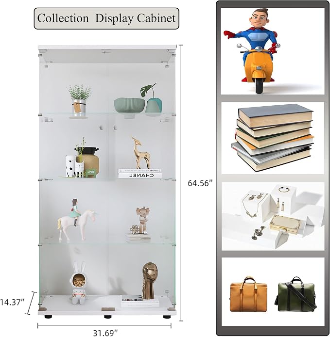 Frameless Glass Display Cabinet, Curio Cabinet Display Case with LED Lights and Lock, 2 Doors Quick-Install Floor Standing Showcase Display Shelf for Collectibles, Legos, Figures, Plants