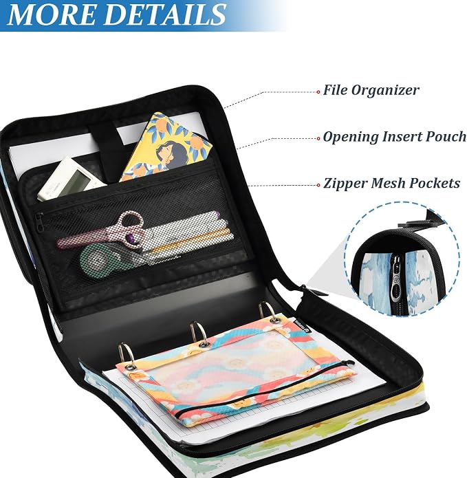 Colorful Butterfly Waterproof Zipper Binder with Shoulder Strap, 3-Ring Trapper Keeper with Lay-Flat Design and Multiple Compartments for School & Office, Adults & Kids