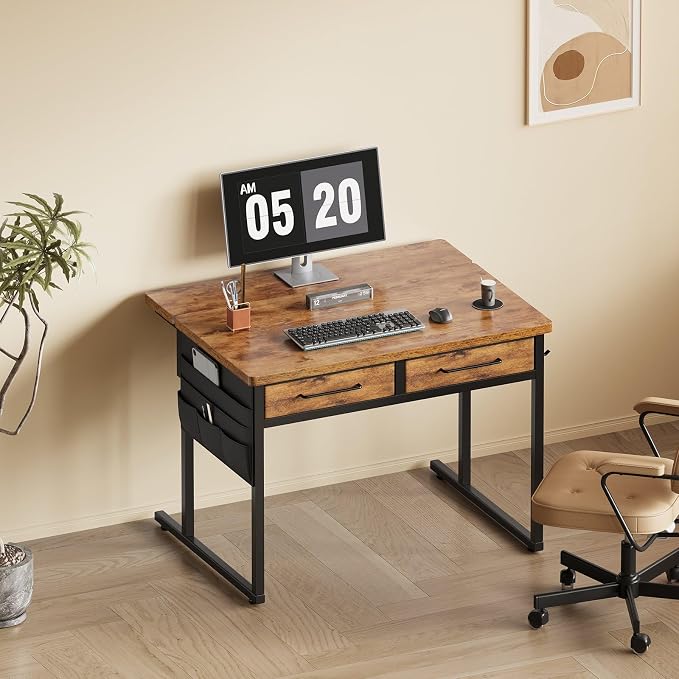 Small Desk with Drawers, 31.5X15.8-22.9 Inches Office Computer Desk with Side Pocket & Ergonomic Monitor Stand, Writing Table for Small Spaces, Bedroom, Kids Desk, Vanity Desk, Rustic Brown