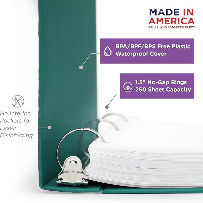 Carstens 1.5-Inch Heavy Duty 3-Ring Binder - Side Opening, Teal, Durable Plastic, No-Gap Rings, Waterproof Covers, No Pockets, Holds 250 US Letter Sheets, BPA-Free, Made in USA (2043-3R), Case of 20