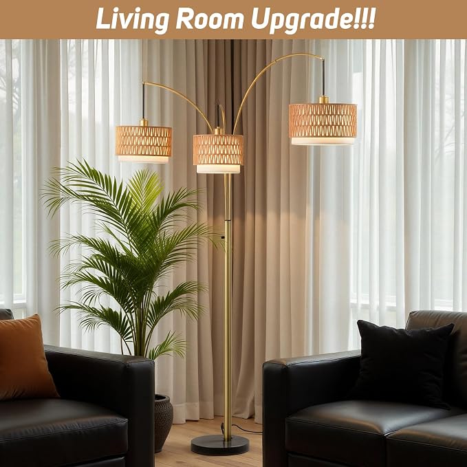 80'' Gold Rattan Arc Floor Lamp for Living Room, 3-Light Boho Tree Lamp | Heavy Natural Marble Base, 1/2/3-Light Rotary Switch,Double-layer Wicker/Fabric Shades for Reading Corners,8 ft+ Ceilings