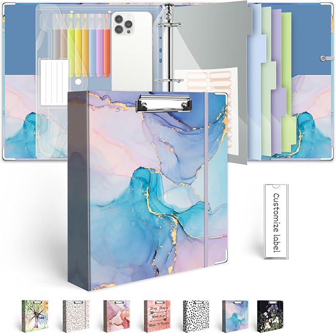 2 Inch 3 Ring Binder Organizer with Clipboard, 5-Tab Pockets Dividers, Transparent Folder, 18 Divider Stikers, BVSSX Decorative Three Ring Binder with Pen Loop, Elastic Strap (Blue Marble,Letter Size)
