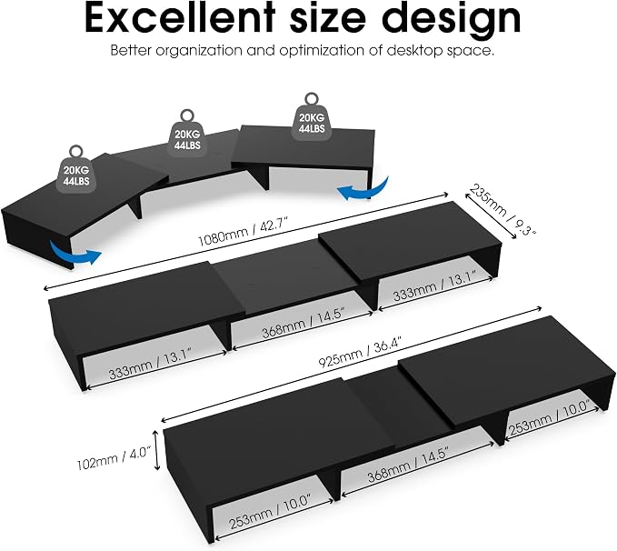 FITUEYES Dual Monitor Stand Riser, Adjustable Length and Angle, Black | Wooden 3-Shelf Design, Supports up to 55lbs, Flexible for Standard Corner Space, Holds Monitor, Laptop, Phone, Printer