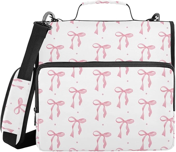 ALAZA Zipper Binder 3 Ring Cute Pink Bow Binder Organizer with Zipper and Shoulder Strap Large Capacity Multi-Pocket Trapper Keeper File Folder for Office Supplies