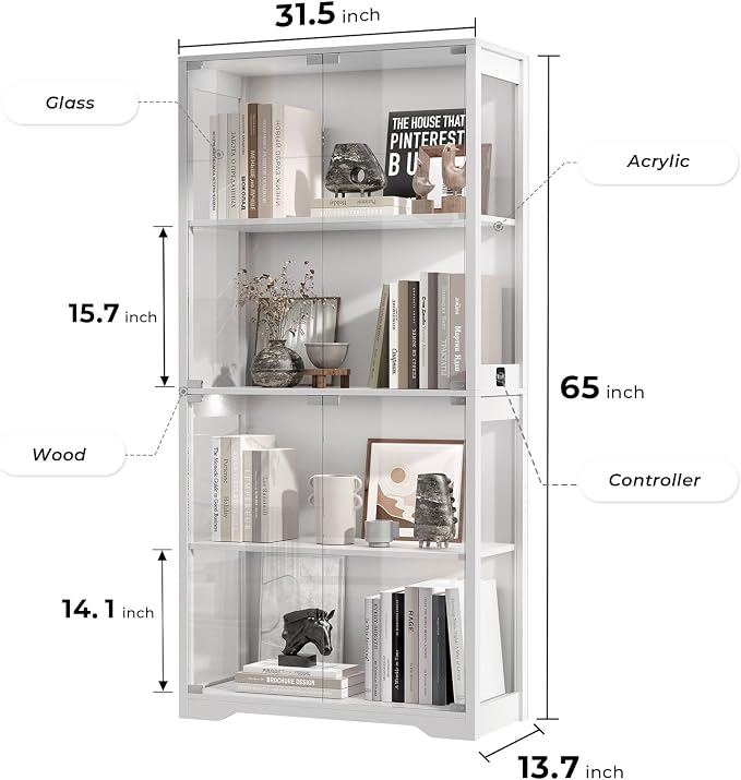 BROTTAR Display Cabinet with Glass Doors, 4-Tier Display Case, White | Curio Cabinet with 3 Color Lights for Collectibles, Storage Cabinets with Human Body Sensor
