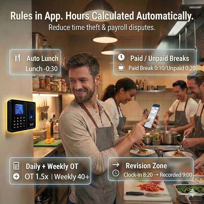 Time Clock System: App Control & 5s Fast Connection, Customizable Rules & 4 Payroll Reports, 10 IC Cards, No Monthly Fee Biometric Fingerprint Time Clocks for Employees Small Business