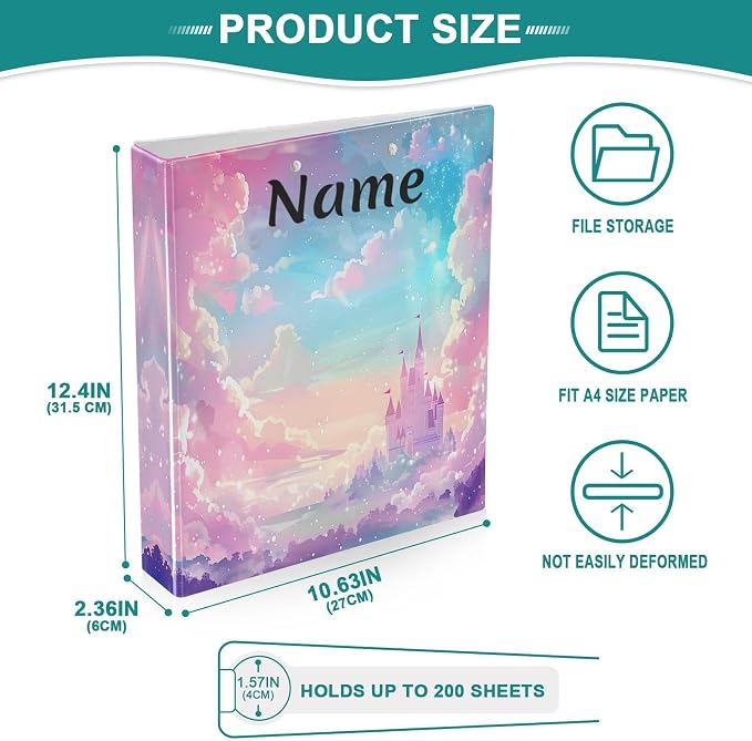 Custom 3 Ring Binder Princess Castle Pink Sky 1.5" Round Ring Binders Personalized Name View Binder with 200 Sheet for Women Men Office Kids School Supplies, 1 Pack