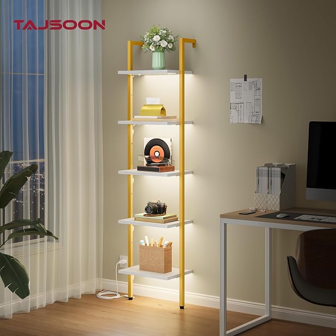 5 Tier Ladder Shelf with Light, Wall Ladder Book Shelf Gold & White | Wooden Ladder Shelf with Metal Frame, Leaning Ladder Shelf Narrow Ladder Bookshelf for Living Room, Bedroom, Office
