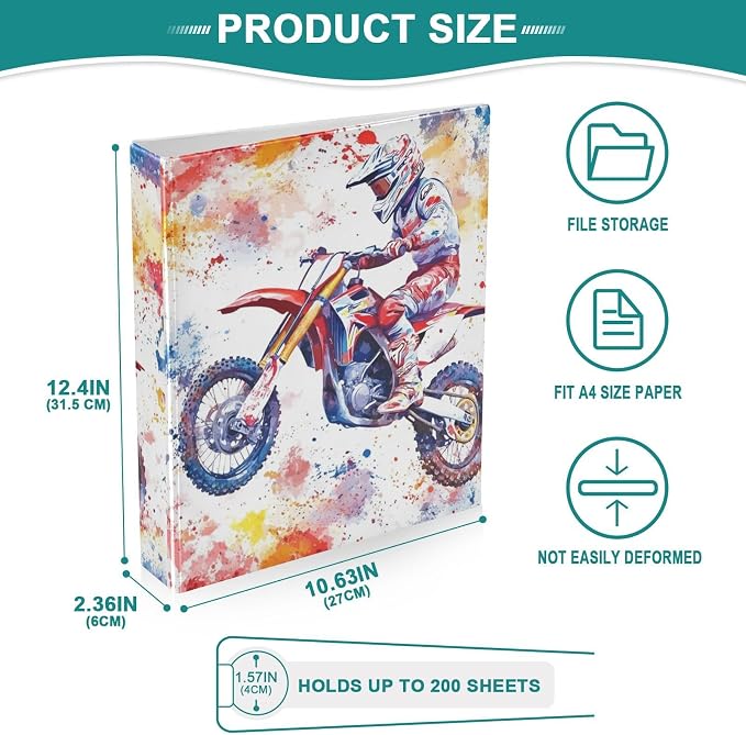 Watercolor Motocross Colorful Decorative 3 Ring Binder 1.5 Inch Large View Binders with Pockets File Organizer for Office College School, 1 Pack