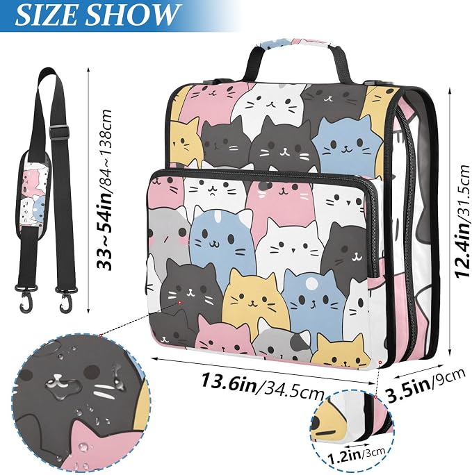 3 Ring Zipper Binder with Shoulder Strap Cats Cute Animal 1.5 inch Binders Keeper Large Capacity Multi Pockets for School Office Supplies