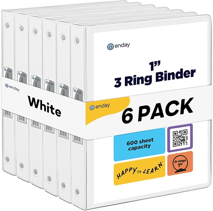 Enday 1 Inch Binder (6 Pack - White) 3 Ring Binder 1 inch with Clear View Cover and 2 Inside Pocket - for Letter Size 8.5 x 11'' Paper, Ideal for School Supplies, Office, and Home