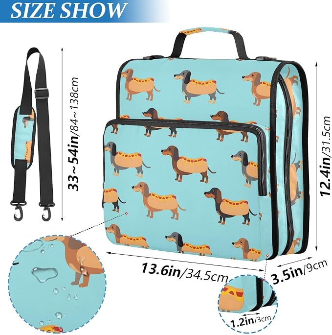 Cute Dachshunds Hotdog Blue Zipper Binder 3 Ring with Handle and Shoulder Strap, 500 Sheet Binder Organizer Capacity & Multi-Pockets for School Office