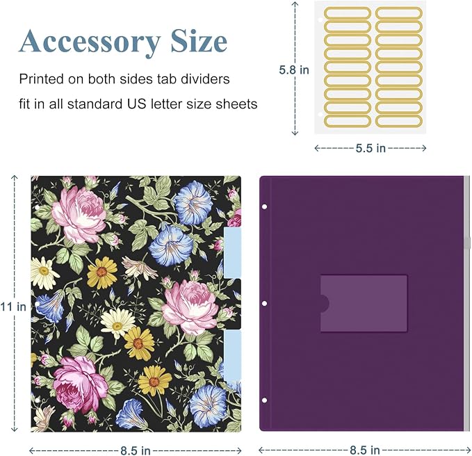 3 Ring Binder, 1 Inches Round Ring Binder with Clipboard, Dividers Tabs, PVC Zipper Bag Sleeves & to Do List Planners for Women, Men, School, Office Supplies, Flowers