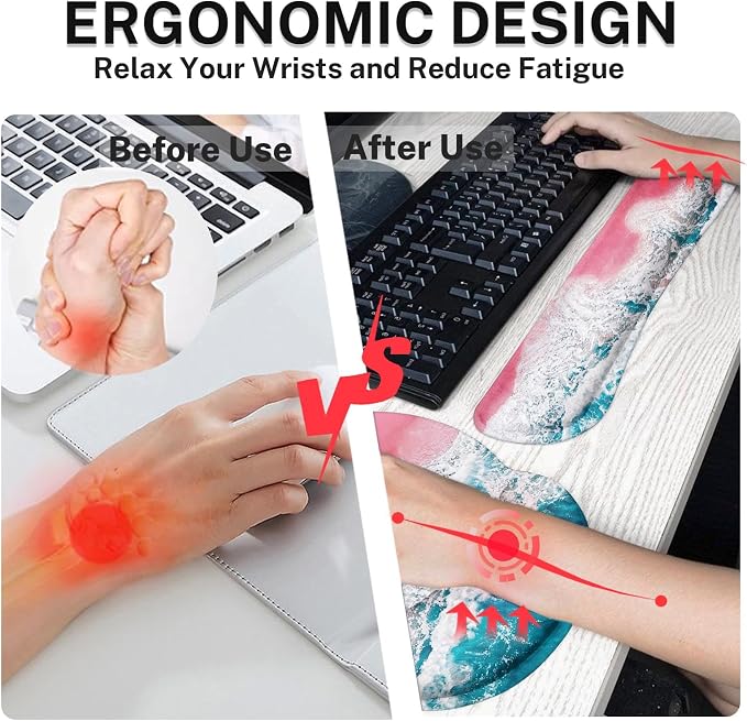 Keyboard Mouse Pad Set, 4 in 1 Desk Mat Set, Pink Sand | Beach Blue Sea Large Mousepad+Keyboard Wrist Rest+Mouse Wrist Rest+Coaster Ergonomic Design for Home Office Computer